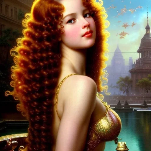 Hyperdetailed oil on canvas, young robyn lively by an ornate fountain, goldfish pond, lotus, detailed face, long muti-hued red curly hair; by gaspar camps, maxfield parrish, alphonse mucha, cyril rolando, dan mumford; luminous colorful sparkles, glitter, airbrush, octane render, volumetric lighting, 16k