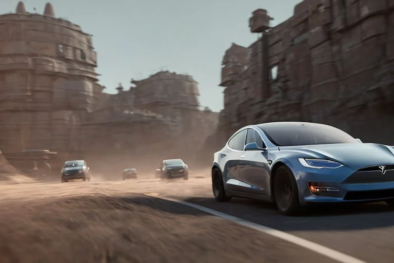 A Tesla 'Model Y' is drifting at high speeds, within the trench of the Death Star. (CINEMATIC, WIDE ANGLE LENS, PHOTO REAL)