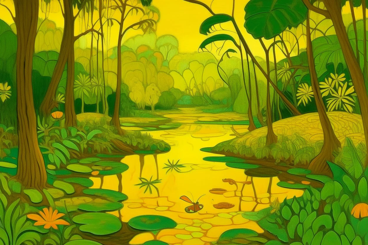 A yellow swamp with glowing dragonflies painted by Paul Ranson