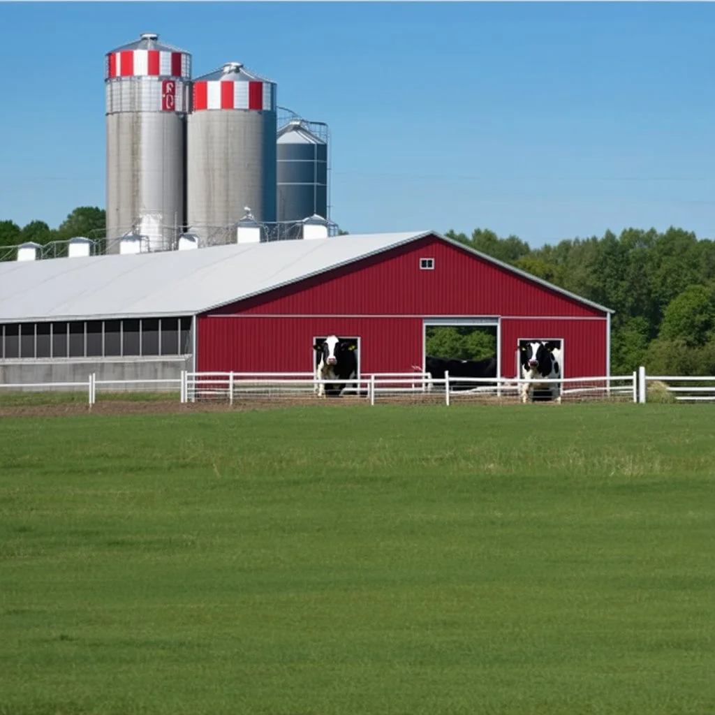 a modern Dairy barn in front of concrete dairy siloes, grass bottom front with a Holstein cow(1).