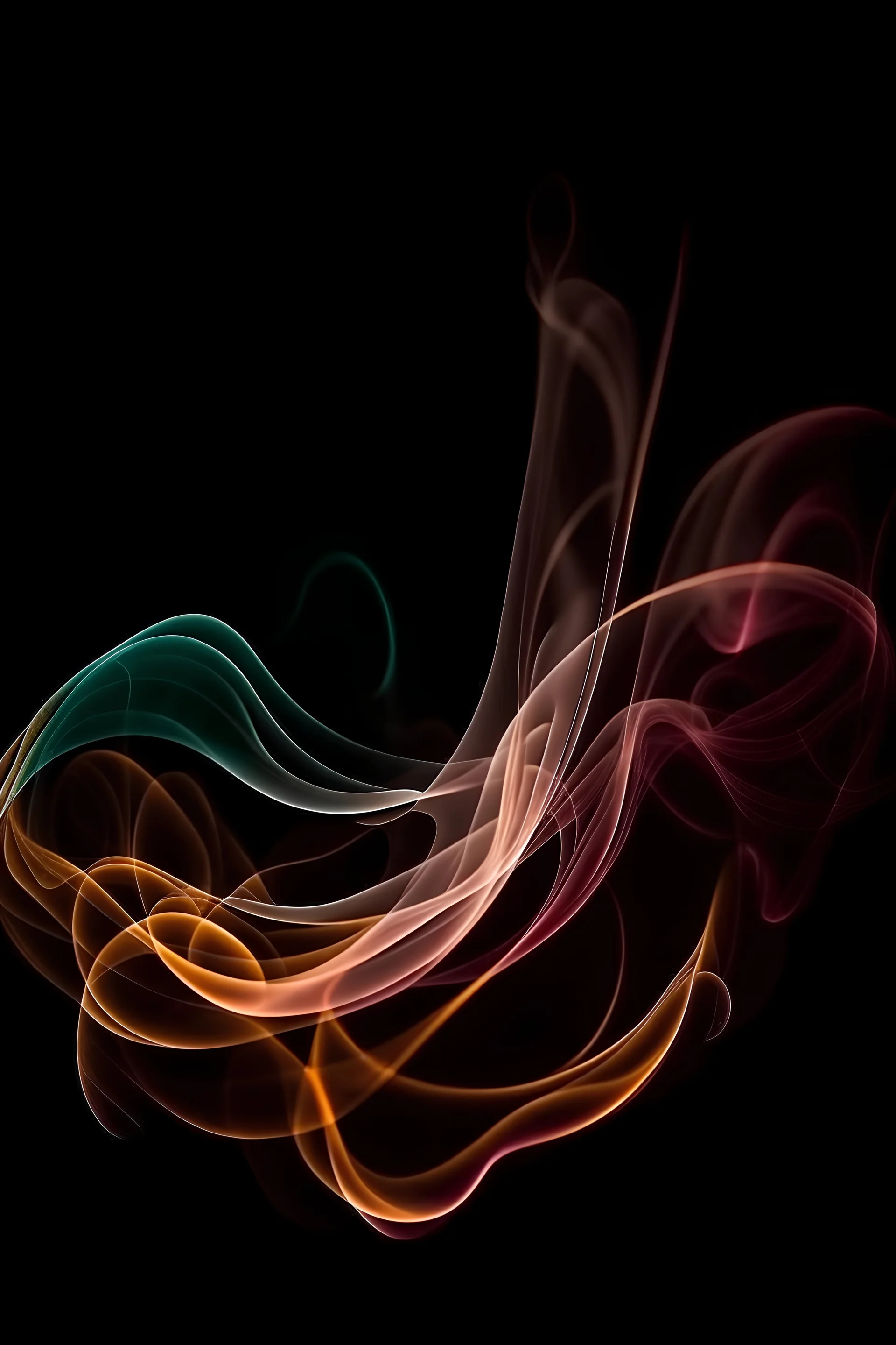 There are some shiny pastell smoke, fire sparks and simple geometric ornaments with fine white lines as decorative elements in the dark background