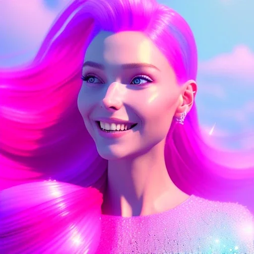 A portrait of a crystalised beautifull girl,smiling, laughting, white longs hairs, atmospheric, realistic,, cinematic lighting, octane render,, pink turquoise light, blue eyes nice, soft face, jewejs brillants