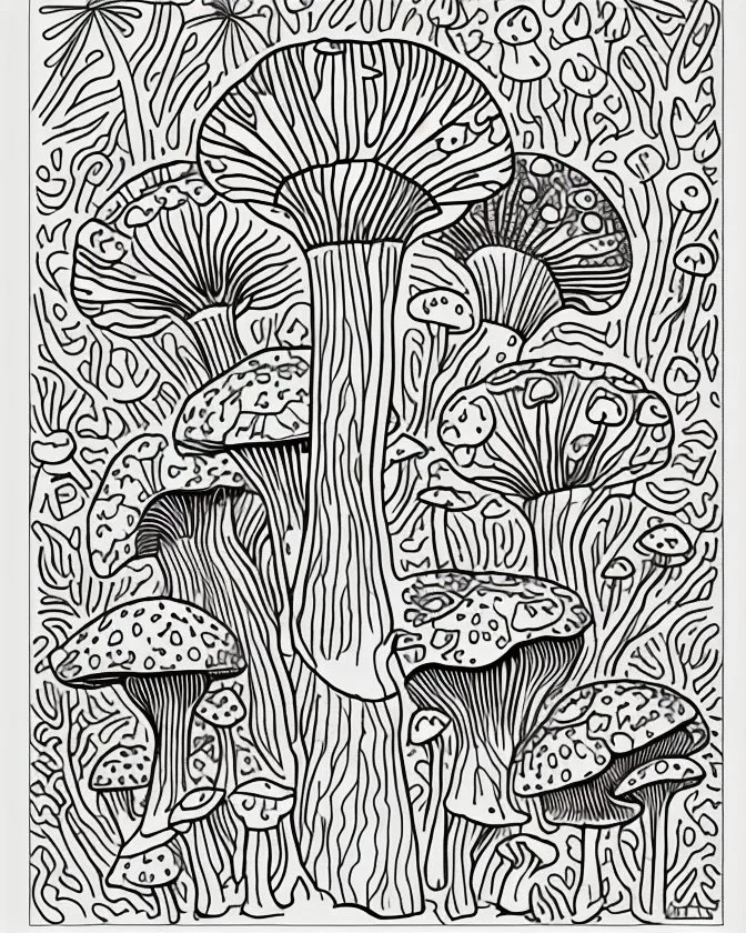 coloring book page, Generate mushroom world. clean and simple line art