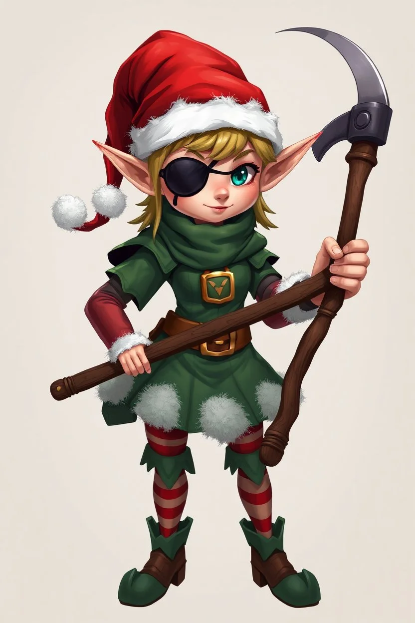 Female Christmas elf with an eye patch wielding a hammer and sickle