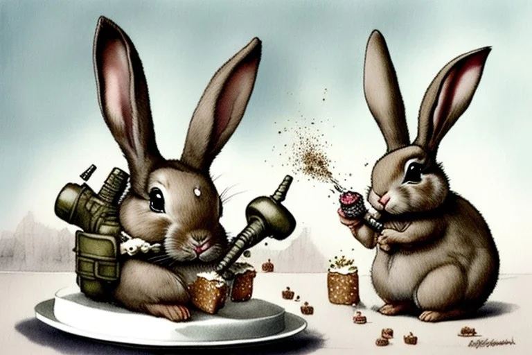 Bunny is having a birthday cake with hand grenades. Highly detailed, smooth colours, realistic landscape. Aquarell