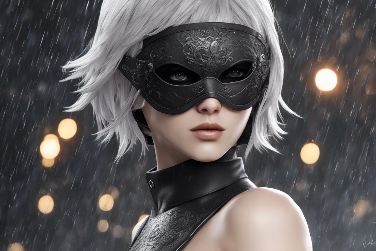 Hot 2B with blindfold in 8k nier automata artstyle, blind them, 2B Custom, blindfold, close picture, rain, fantasy world, intricate details, highly detailed, high details, detailed portrait, masterpiece,ultra detailed, ultra quality