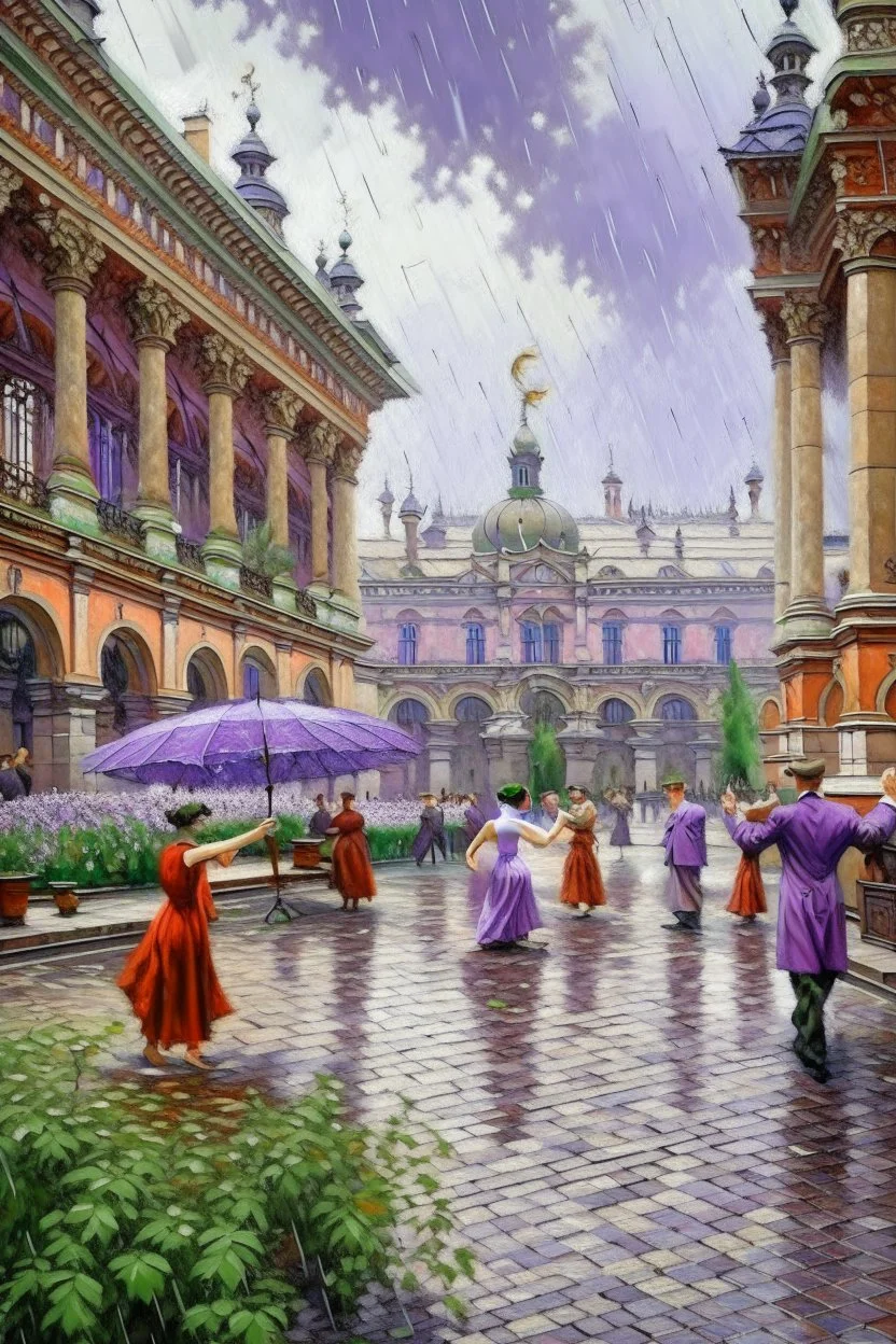 The old Moscow courtyard of the early 20th century in the style of the Stalinist world, with a lilac branch in the foreground, it is raining lightly and raindrops are flowing down a lush lilac branch. In the back there is a middle-aged Couple dancing a classical dance together against the backdrop of the Moscow Bolshoi Theater. The image is of extra quality and sharpness