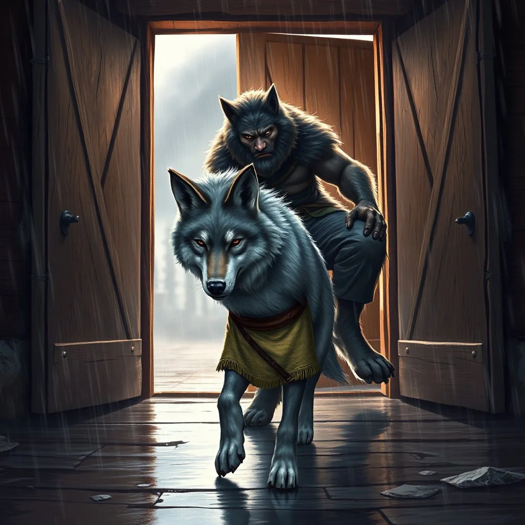 fantasy digital art of young anthro wolf kicked out of the house, she have gray hairy wolf body , paw, and wears just a short canvas rag around her waist , sadly face in the rain , behind her an tall angry anthro dark hairy wolf man and kicks her out the door with his foot, behind in rustic halb open door in an massive wooden house, deep colors, rainy day, detailed, anthropomorphic creatures, fantasy, sci-fi mood