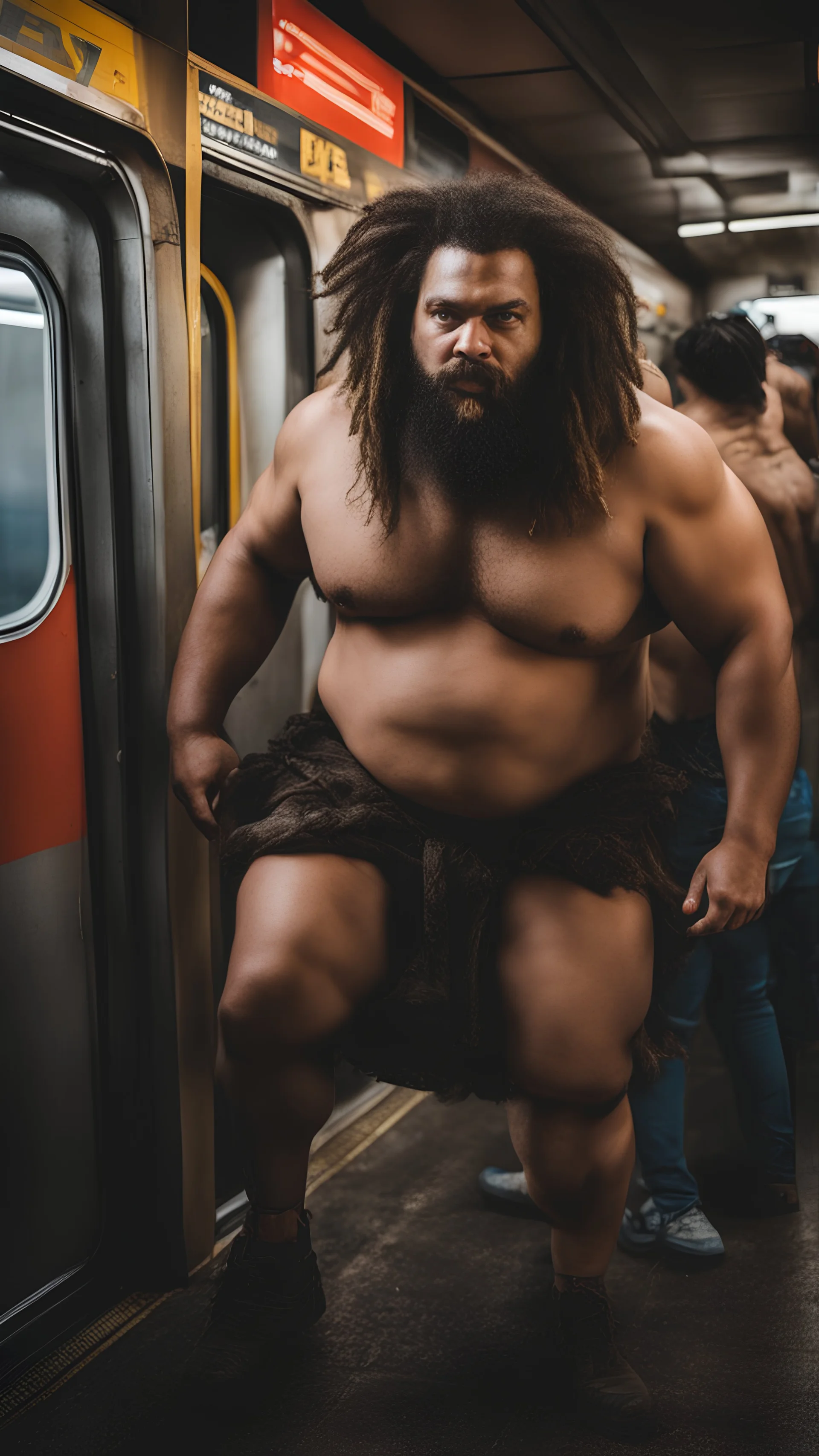 full figure photography of an ugly dirty gipsy burly muscular chubby stocky strong man 31 years old with raided beard, dreadlocks, manly chest, hairy , ajar mouth, photorealistic ,shirtless, bulging shorts, side light, inside a crowded subway station , neon lights