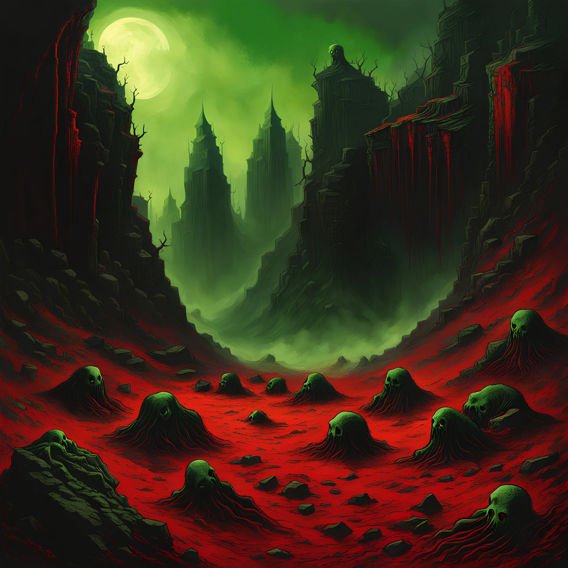 Ghosts partially buried in the rocky ground crawling to get free, in the style of Beksinski, red and green, extremely detailed, dark, extreme horror