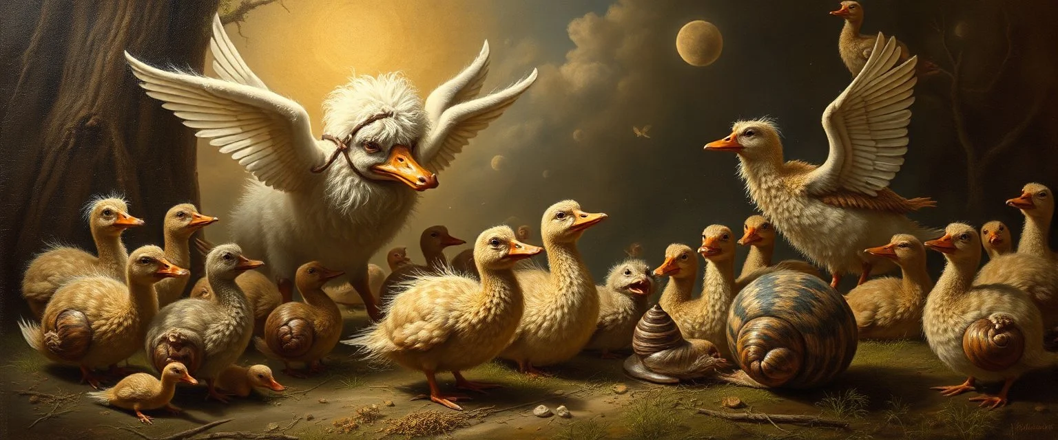 Bill Gates paints a picture of heavenly fluffy elevated messed up woodland duck cow snail and ad & d monster creatures flock painted by Nerdrum and Rembrandt