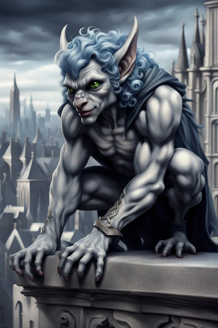 captivating and highly detailed fantasy, gothic illustration featuring a grayish Gargoyle with curly bluish hair crouching above the city, leaning forward to observe the people below. Style of artist Anne Stokes, Gothic, Dark Fantasy, photo, 3d rendering, cinematic