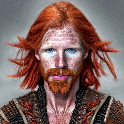 Portrait of Courtney Gains as a ruggedly handsome but joyful roguish pirate, charismatic, attractive male, masculine, perfect, precisely detailed, softly freckled face, meticulously detailed multi-hued ginger carrot colored cherry fire red hair; Malachai of the corn; fantasy, intricate, elegant, highly detailed, digital painting, artstation, concept art, matte, sharp focus, illustration, art by artgerm and greg rutkowski and alphonse mucha