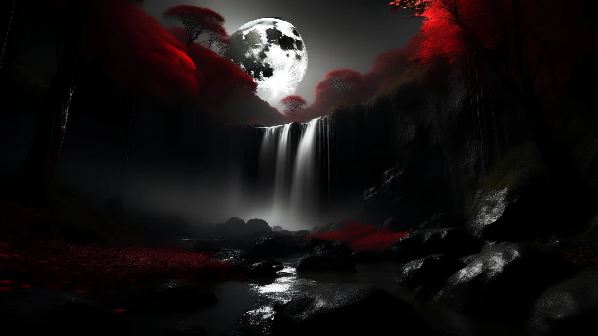 White waterfall, red moon, a dark forest around
