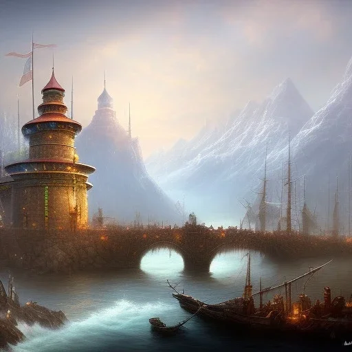  ships buildt into city, dam bridge city,snow capped mountains, spray paint, mongols, chalk,chimney,warhammer, fantasy game art