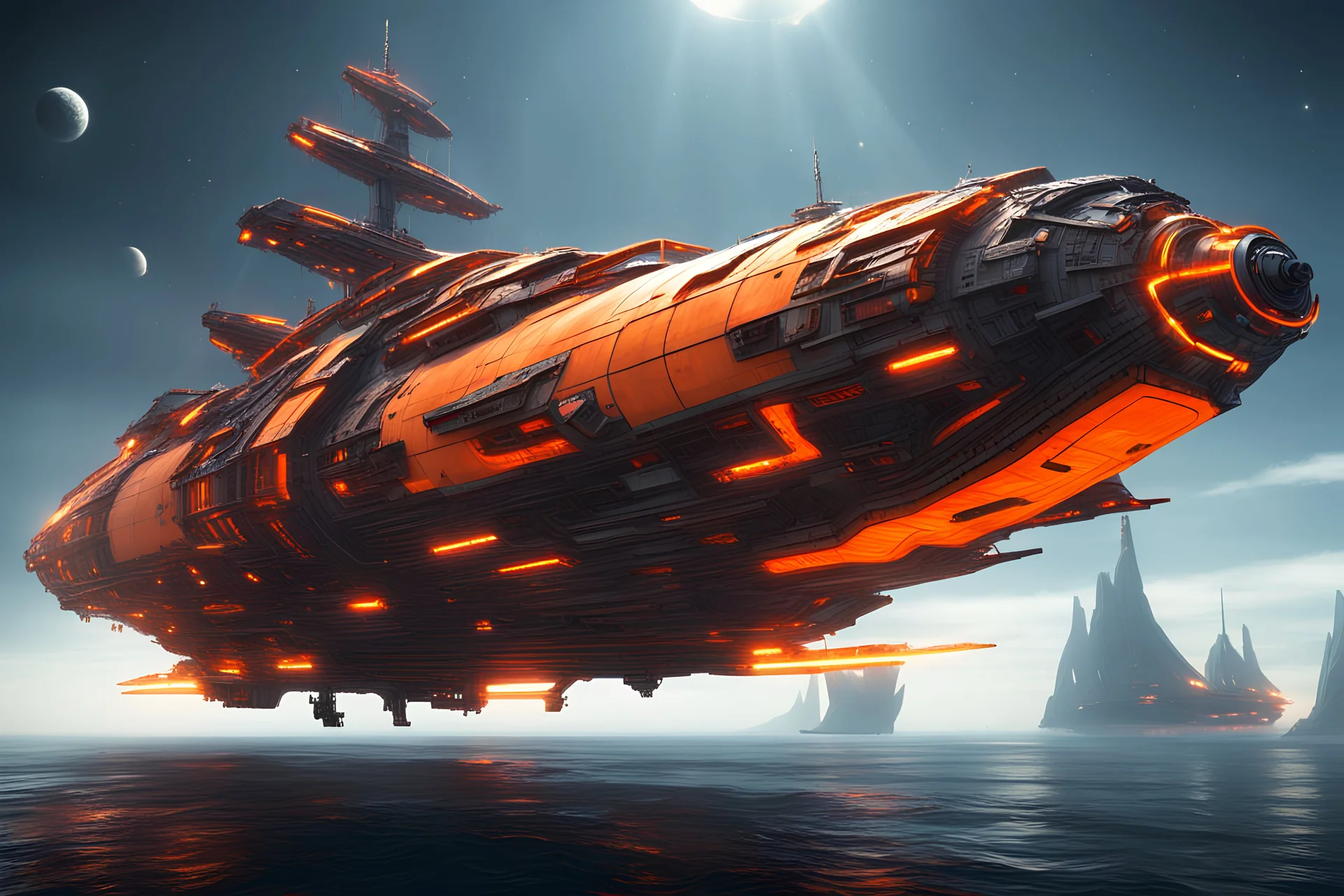 Scifi pirate ship as spaceship - sails of ship are orange