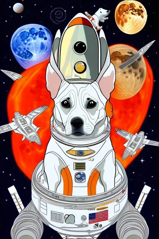 white and orange dog flies to the moon top of the a rocket