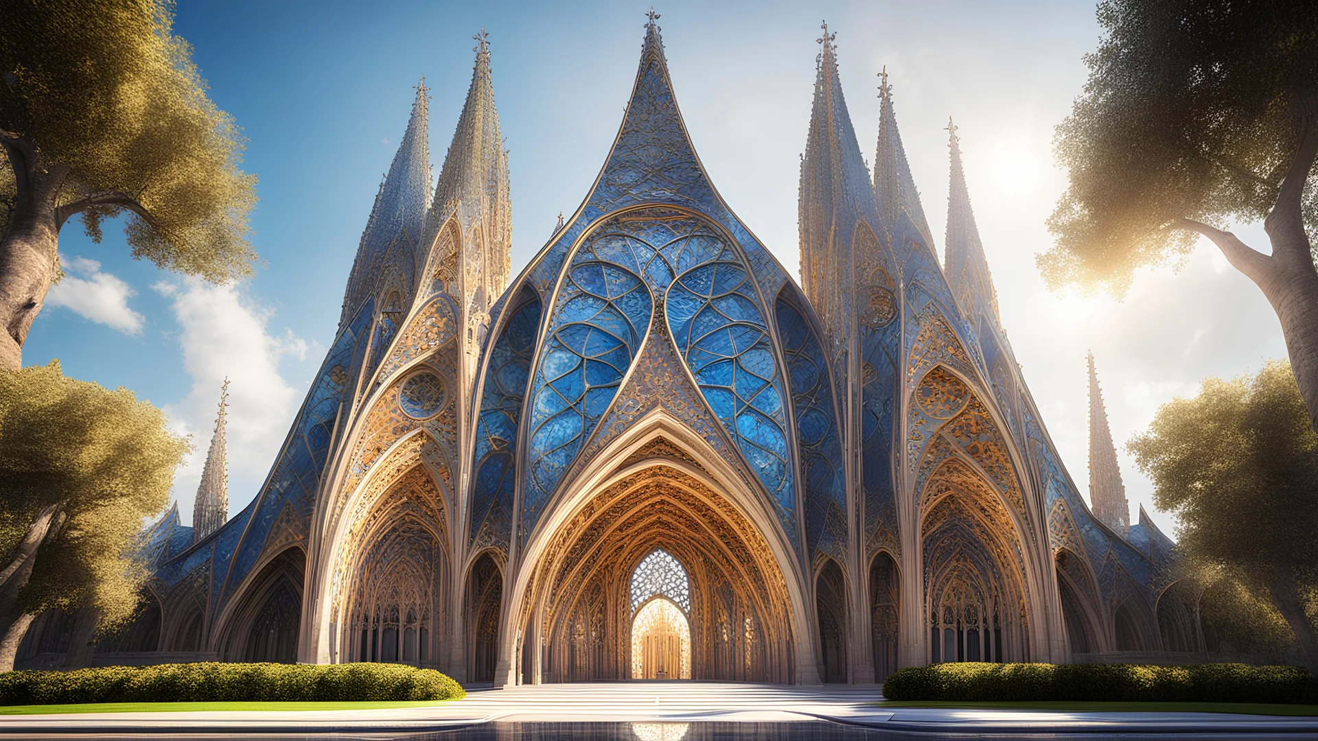 futuristic fantastic symmetrical cathedral external view in peaceful parkland, year 2160, sunshine, beautiful, colorful, totally symmetrical design, style Antoni Gaudí, innovative architecture, award-winning photograph, awesome, serene, inspiring, spiritual, impressive, Cinematic lighting, Epic composition, Photorealism, Very high detail, Unreal Engine, Octane render, HDR