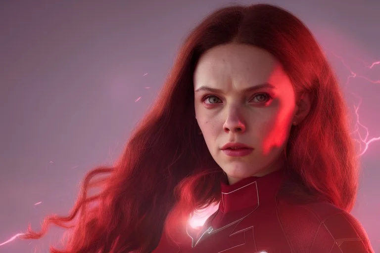 Wanda Maximoff, feiticeira escarlate usando traje vermelho de vestido, destruindo a realidade, governando o mundo, destruição, 4k render, dramático, cinematográfico, poderes destruindo tudo, expressão brava