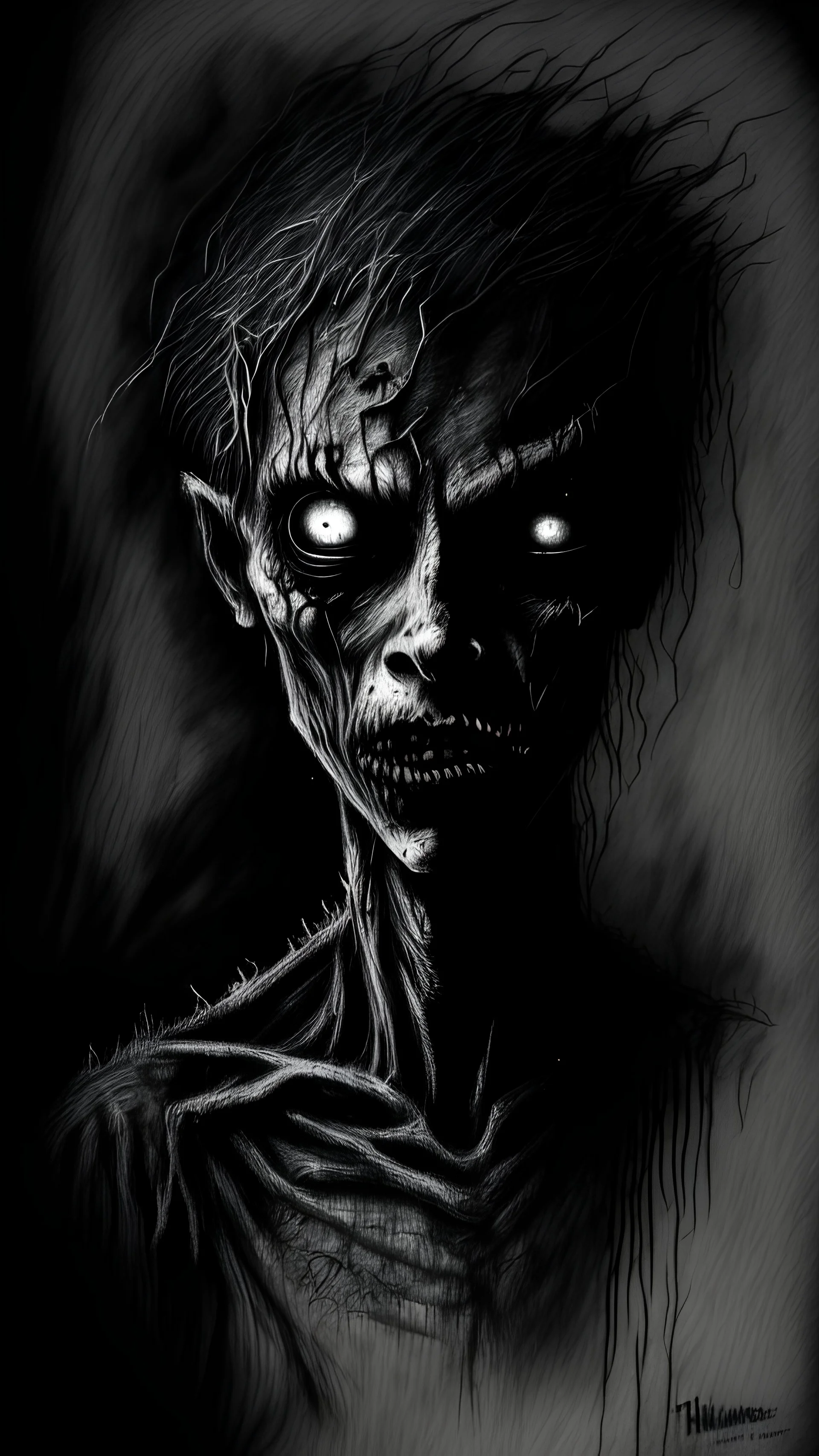 pencil drawing of zombie, Spooky, scary, halloween, black paper