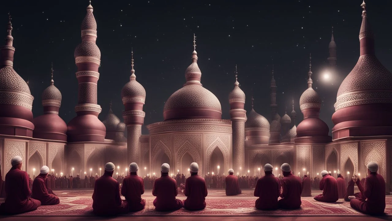 Hyper Realistic lots of Muslim-Men praying outside a Massively-Huge-Beautifully-Crafted-Maroon-&-Silver Mosque with detailed-minarets & Ramadan-Light-Decorations-&-Lamps at beautiful-dark-night with dramatic-&-Cinematic-Ambiance