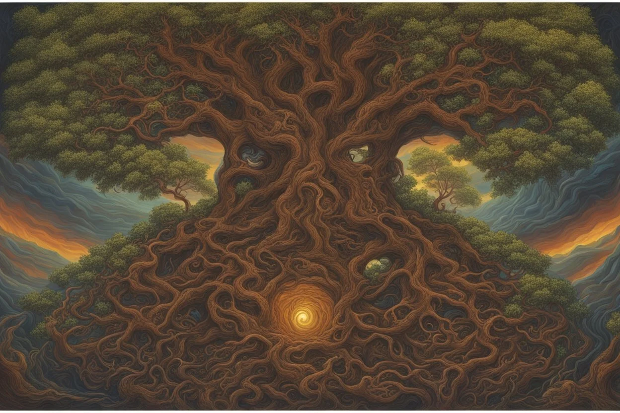 gnarled and twisted tree of life with faces and bodies crawling out of the trunk and branches, deep colour, in the multiverse