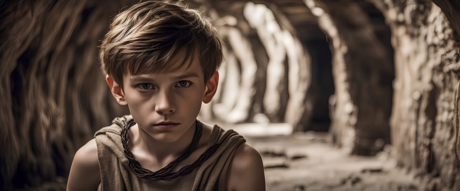 dutch angle, side view, a curious boy, around 11 yo. choker necklace. natural brown hair. loincloth, pale skin. ominous and eerie looking underground tunnel background. natural colors 4k, high detail, high-resolution photograph, professional photography, ultra-detail