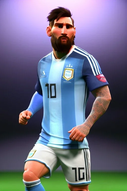 Realistic Messi Argentina soccer player Portrait, mid shot low view, 3d, photo studio, clean background, unreal engine 5, ray tracing, RTX, lumen lighting, ultra detail, volumetric lighting.