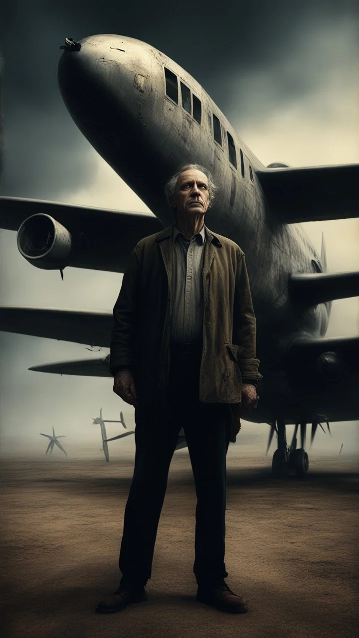 Bosch nightmares paining style Title:a man standing up in front of an old airplane, 8k artistic photography, photorealistic concept art, soft natural volumetric cinematic perfect light, chiaroscuro, award-winning photograph, masterpiece, oil on canvas, Raphael, Caravaggio, Greg Rutkowski, people, beksinski, Giger