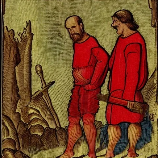 The man in red and the dwarf sympathize around the campfire, medieval style