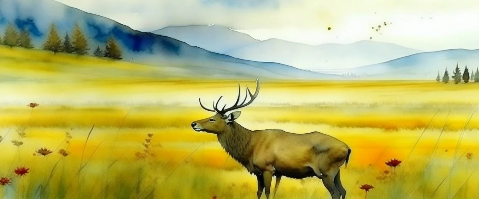 an Elk off-center in a prairie field, canola plants hinted in corners of foreground, realistic fantasy watercolor illustration,