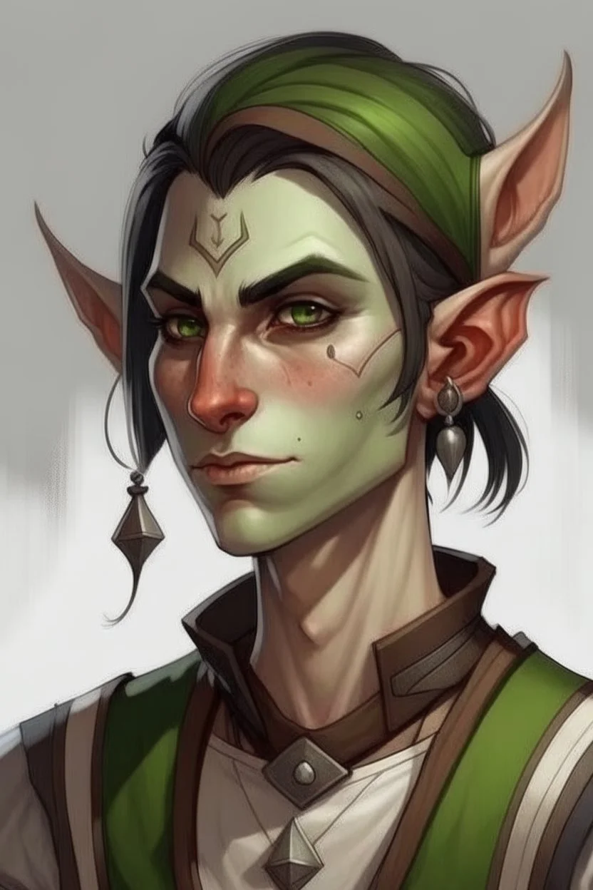 strong young half orc androgynous who works at a tavern with pointy ears and green skin realistic short hair