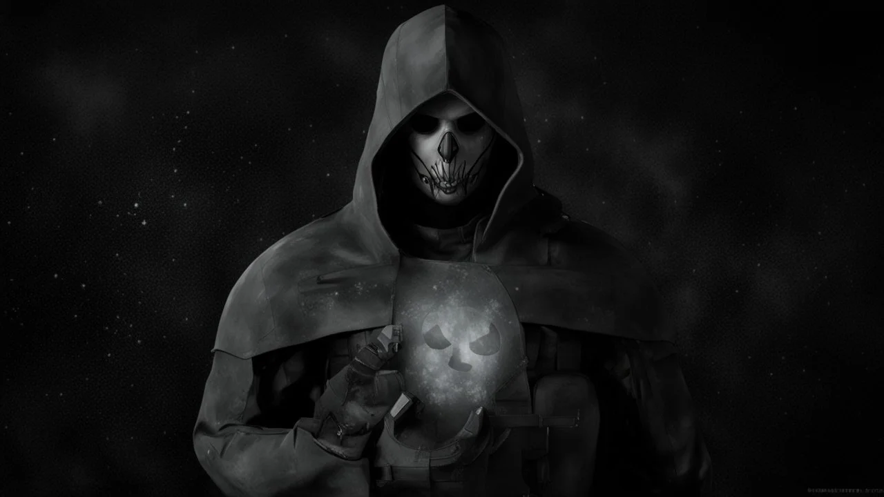 ghost from call of duty, unmasked face, in black background, with stars