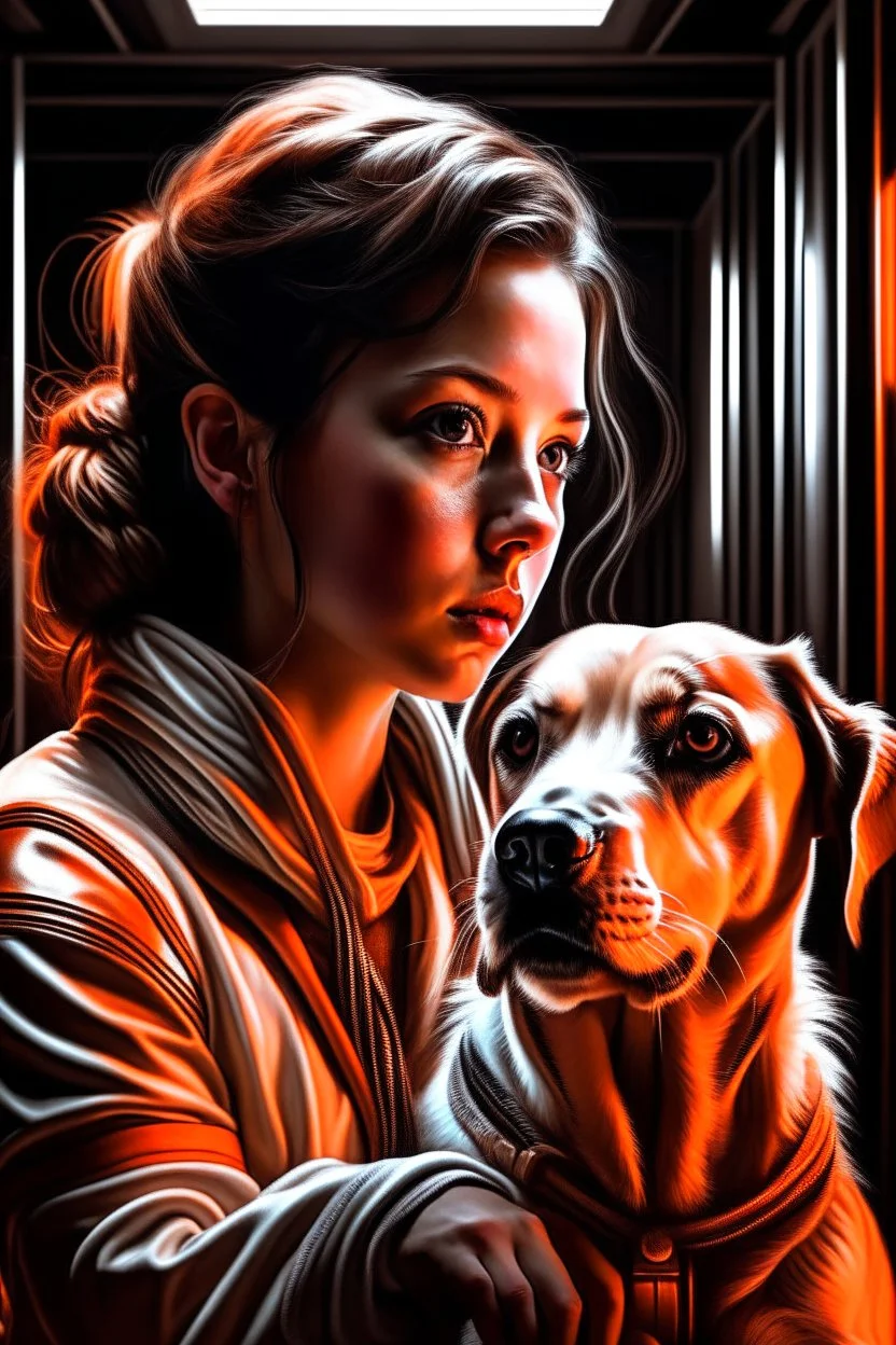 portrait of dog on a karate girl in the style of giger, spraypaint, photorealism, trending on artstation, 8k, depth of field, downlight, lightrays, volumetric, white hall podium, brown and orange