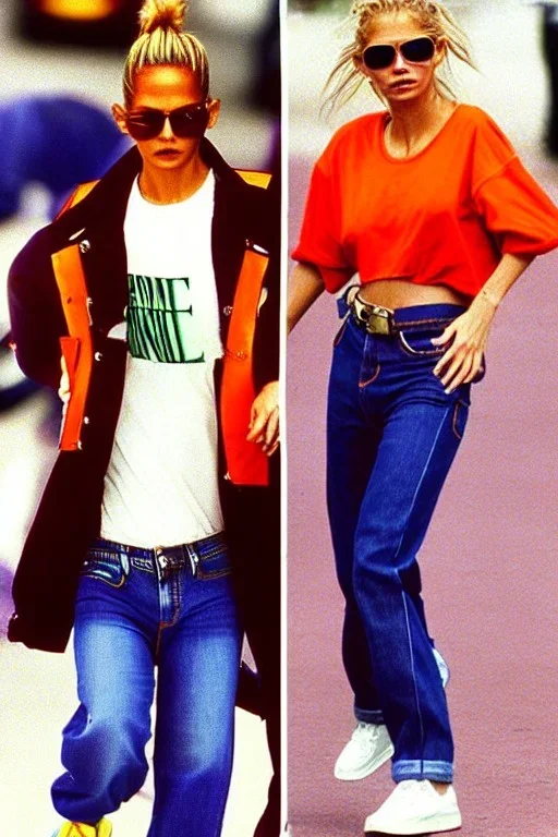 year 1996 denim fashion. Loose fit, low waist, baggy. Colors: denim blue, blue, purple, khaki, light green, lilac, plum, orange, terracotta, red, pink, dark blue, beige. Women models. Jennifer Lopez, Kate Moss, Gwyneth Paltrow. Big tennis shoes on.