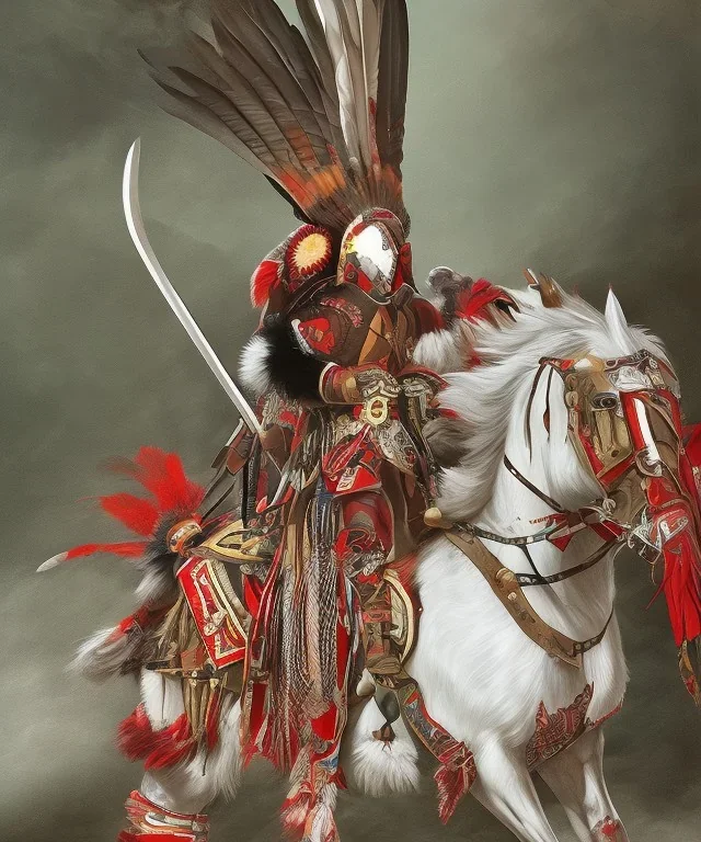 Guaicaipuro, native american god, 30 years old, Muscular warrior, red feathers headdress, shirtless, fearce look