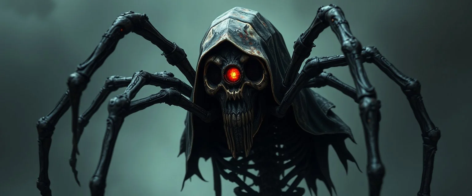 Death warmed over is a half flesh half machine version of the grim reapler with 8 spider like eyes and a central eye to see everying else.Death warmed over is a half flesh half machine version of the grim reapler with 8 spider like eyes and a central eye to see everying else.
