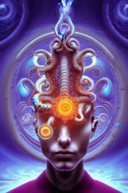 Spiritual being with Tentacles over human Head creating reality around, wrapping Spiral around people, Psychedelic