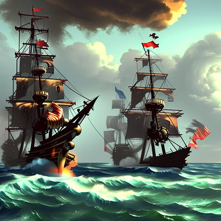 Two pirate ships fight each other at sea. Firing cannons. One ship is hit and burns after being hit.
