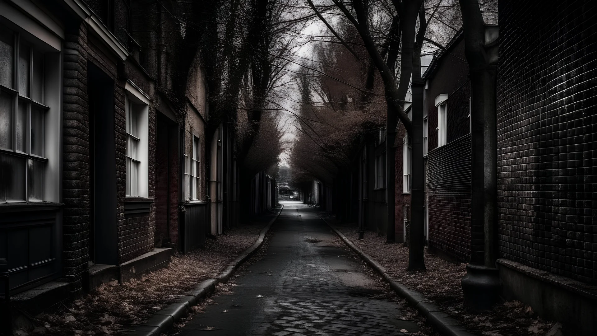 Picture of a dark, narrow street, surrounded by bare trees and leaves scattered on the ground