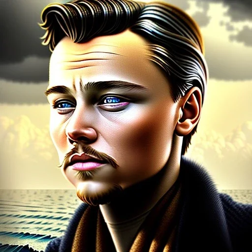  fantasy art, photorealism, realistic portrait of a young leonardo di caprio, movie poster, titanic in the background, grainy book cover illustration