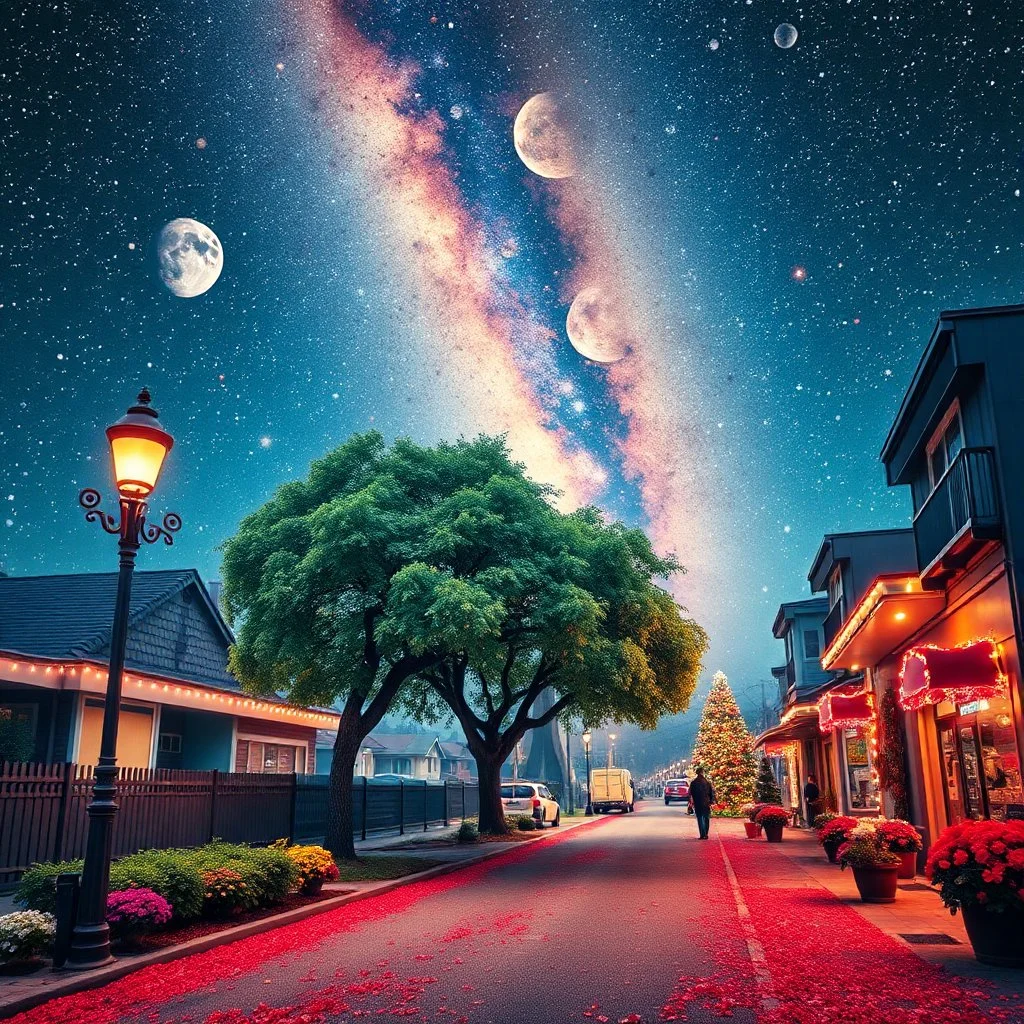 Photograph hasselblad h6d400c --ar 85:128 --v 6.0 of a fake street, tree, everything id fake, 3d deep field, galaxies and planets, odd, abstract, expressionist style, colorful holiday