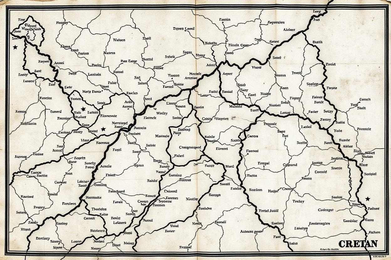 an ancient printed road map that was black and white, but has since been stained and weathered, text uses Cree syllabic symbols