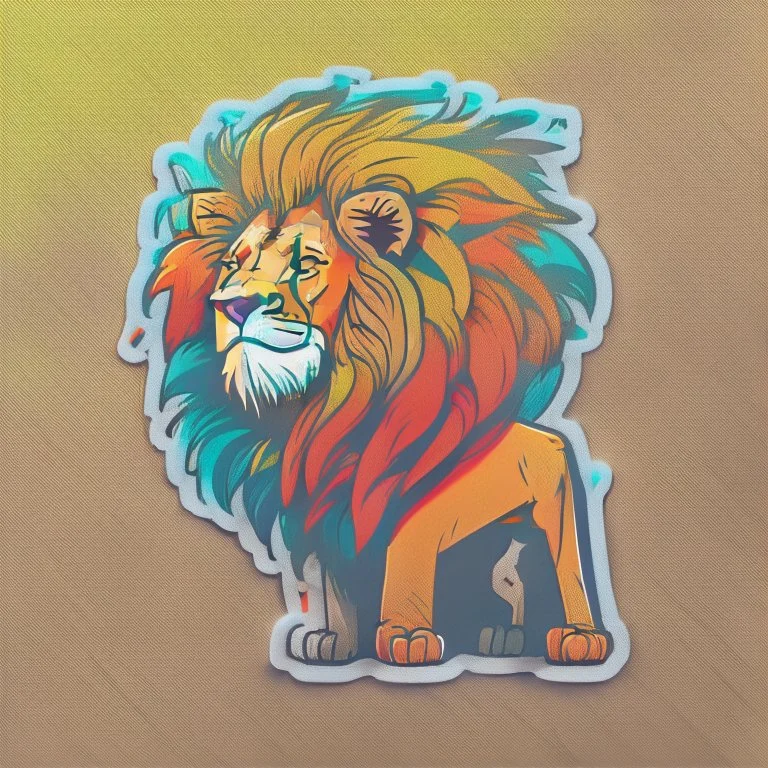 A sticker design in a minimalistic style featuring a caricature lion in vivid colors. The subject is presented alone on a neutral background.