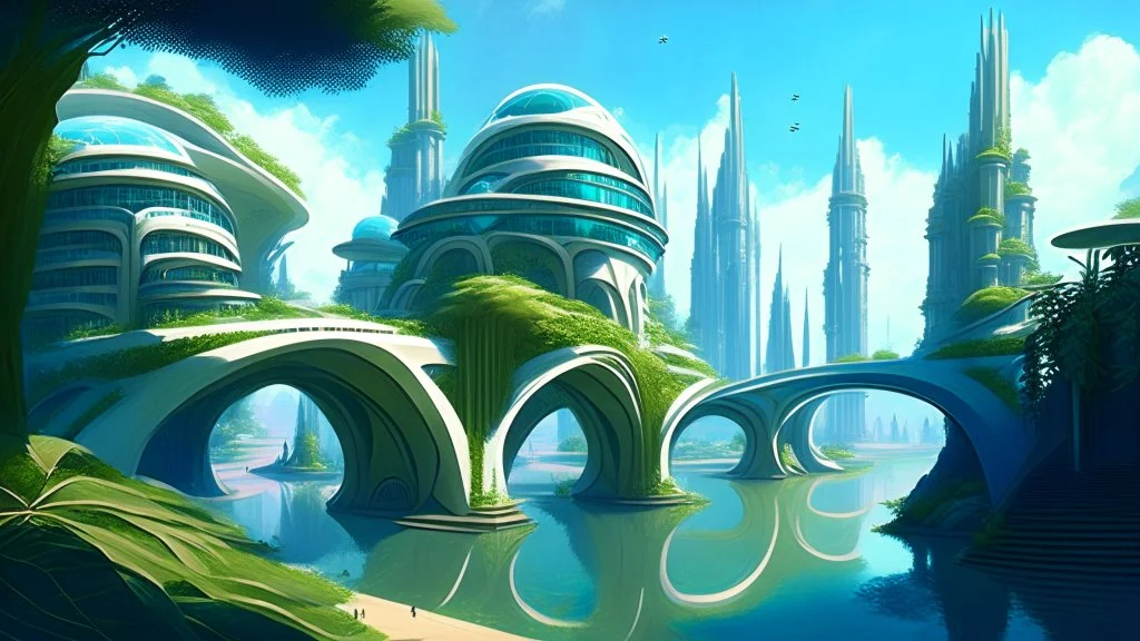 A futuristic city on the banks of a river, with pathways on the banks, balconies, verandas, arches, bridges, spires, stairs, trees, dense foliage, spanish moss, ivy, blue sky, white clouds