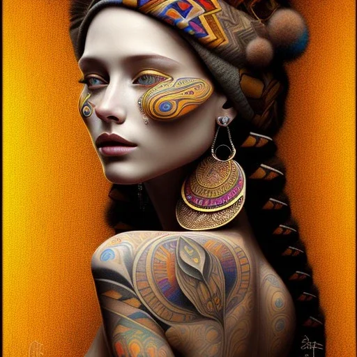 retrato de mujer tribal bella con tatuajes con estilo de Gustav Klimt