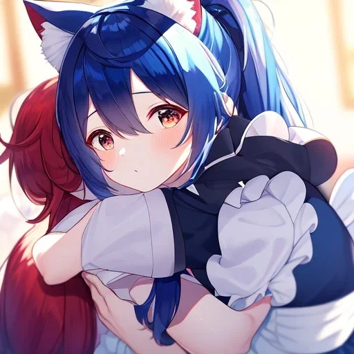 Clear Focus, High resolution, wearing a maid uniform, fluffy hair and a long ponytail, blue hair, cat ears, meowing, hugging another girl with red long fluffy hair also wearing a maid outfit, looking at you