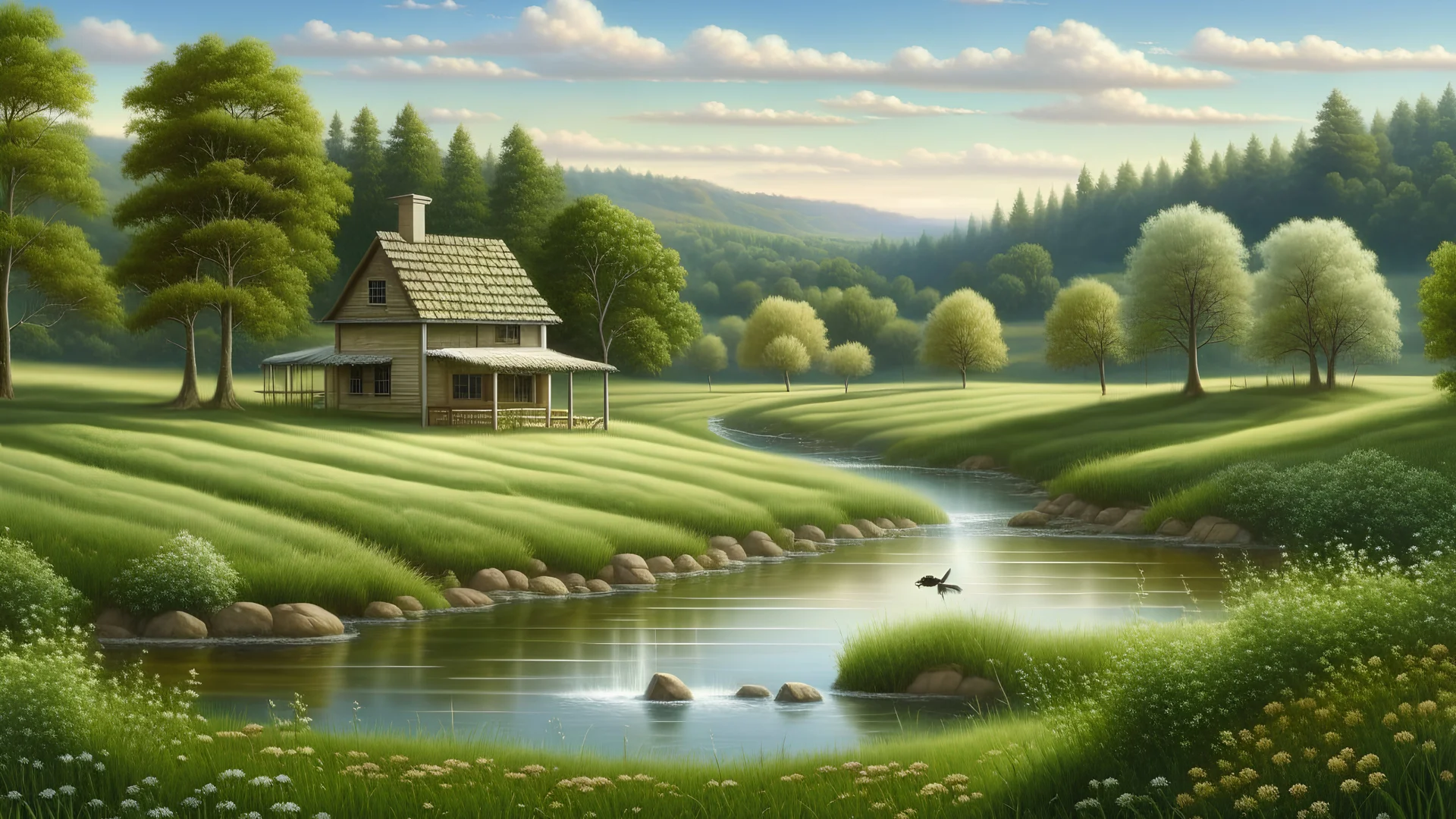 nature, realistic, nice smooth highlights, lake, meadow, waterfall, small farm in corner,