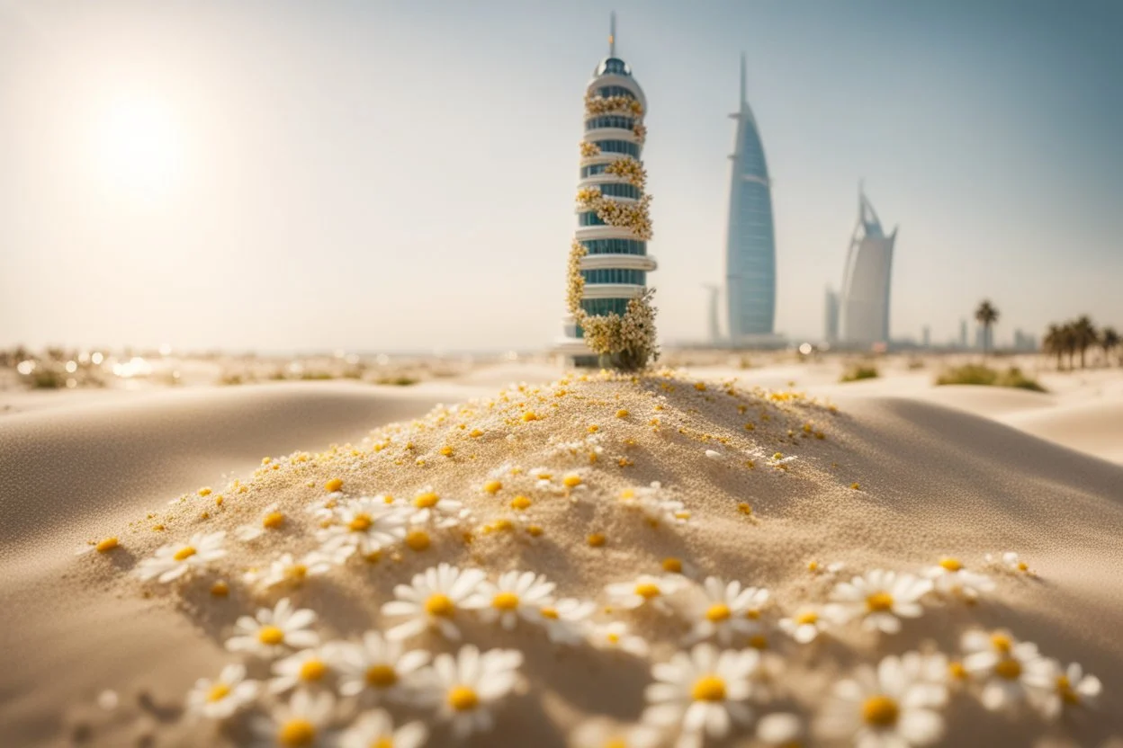 Burj al arab made of daisy flowers in the sand in the sunshine, ethereal, cinematic postprocessing, bokeh, dof