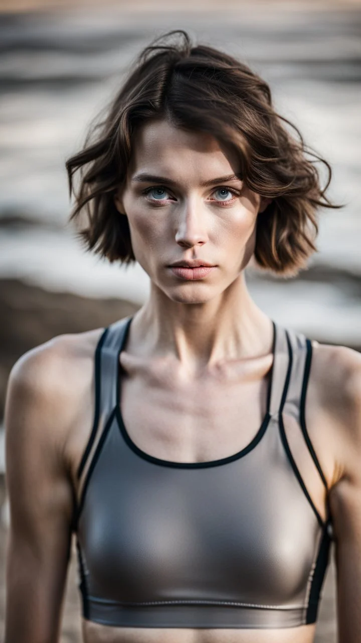 beautiful anorexic young woman, total shot, short shiny grey triathlon swimsuit, short brunette wavy bob hair, blurred beach background